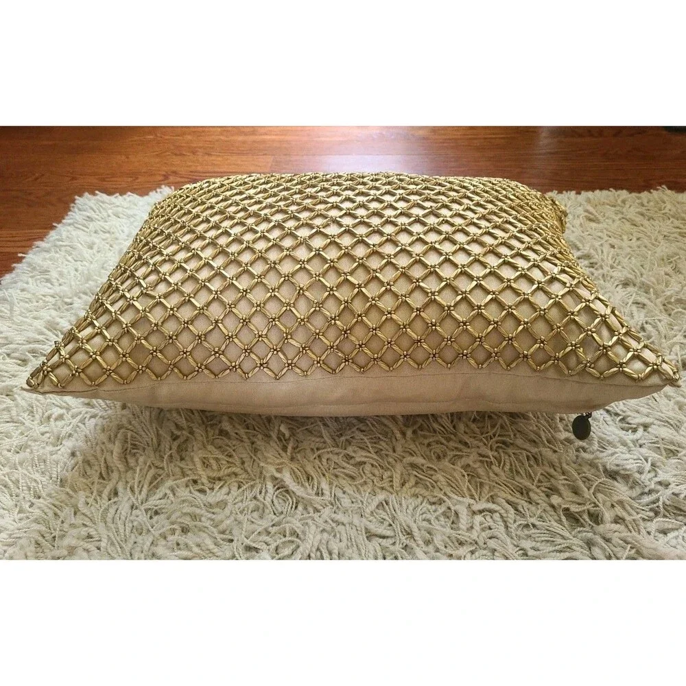 Pier 1 Gold Beaded Lattice Elegant Throw Decorative Pillow 18
